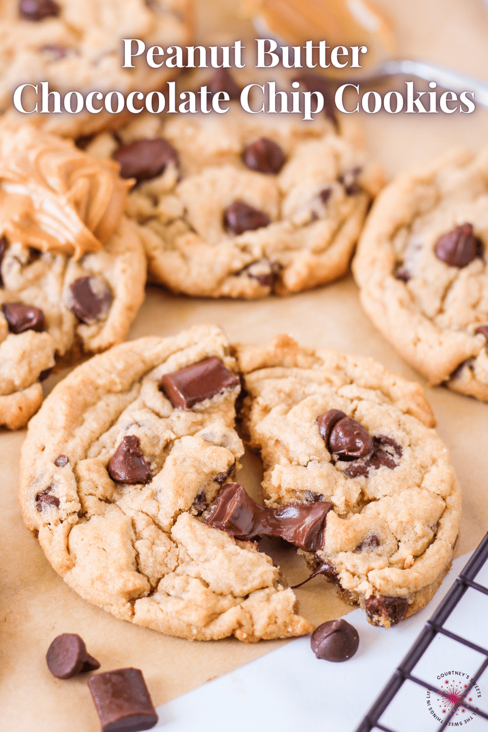 freshly baked peanut butter chocolate chip cookies on a baking sheet with a bowl full of peanut butter next to it with a spoon inside with text on image for pinterest