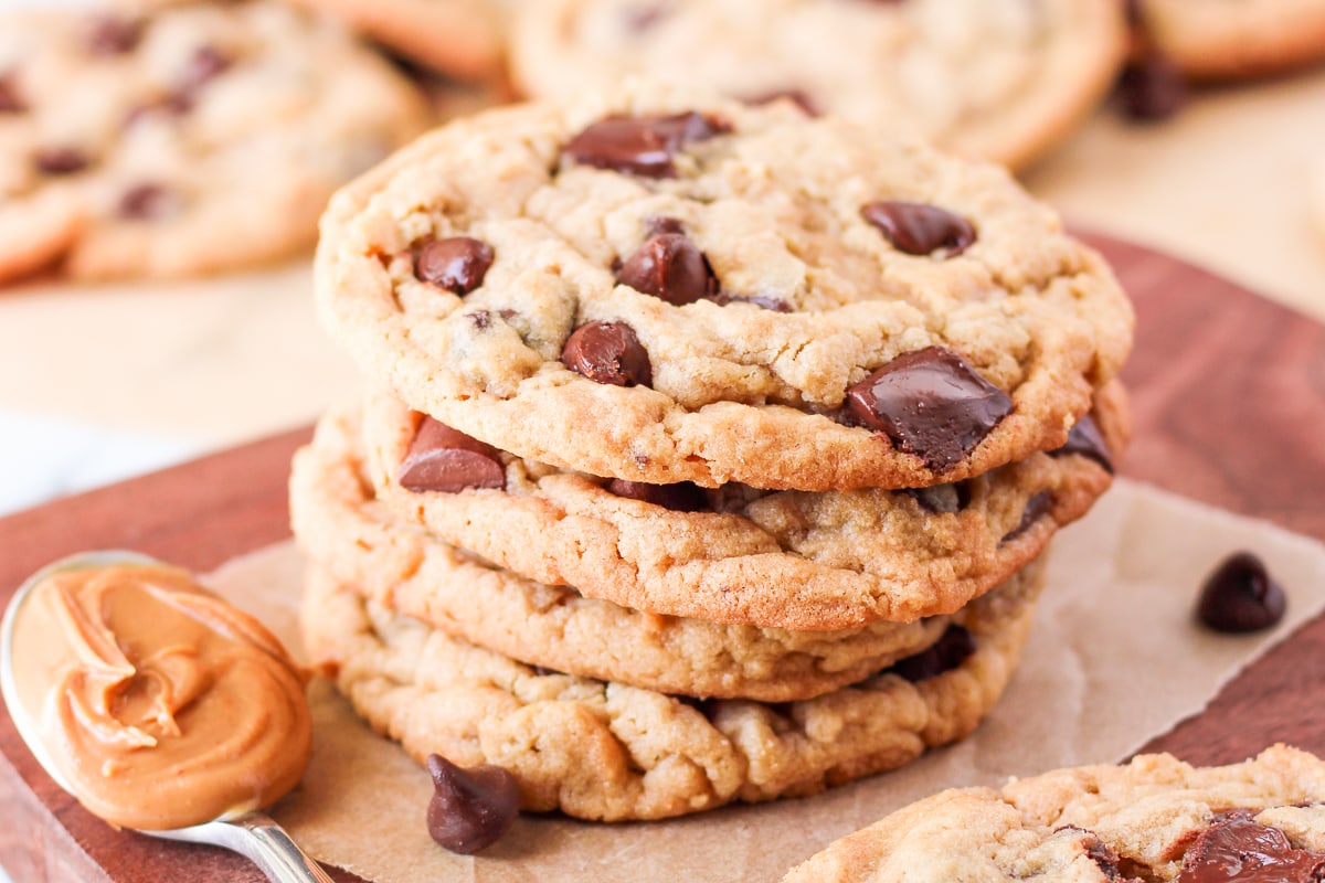 a stack of peanut butter chocolate chip cookies.