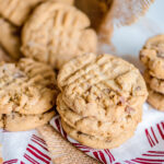 stacked peanut butter oatmeal cookies with toffee.