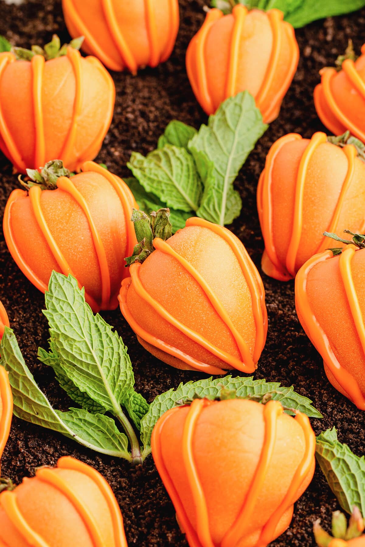 close up of chocolate covered strawberries as pumpkins on a piece of dirt cake.