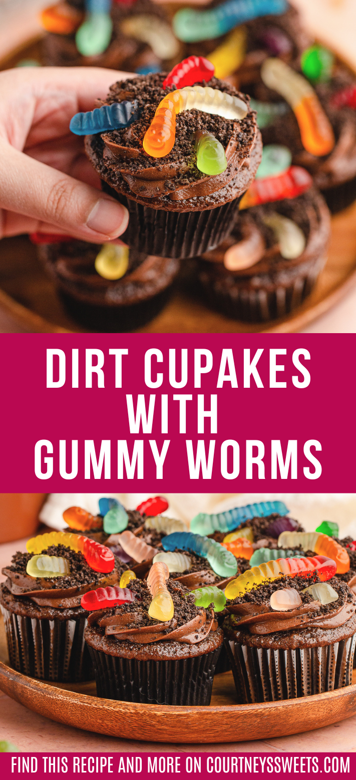 dirt cupcakes with gummy worms with title text on imgages for pinterest.