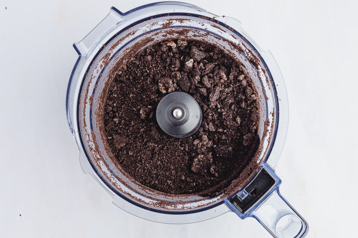 crushed oreos in food processor.