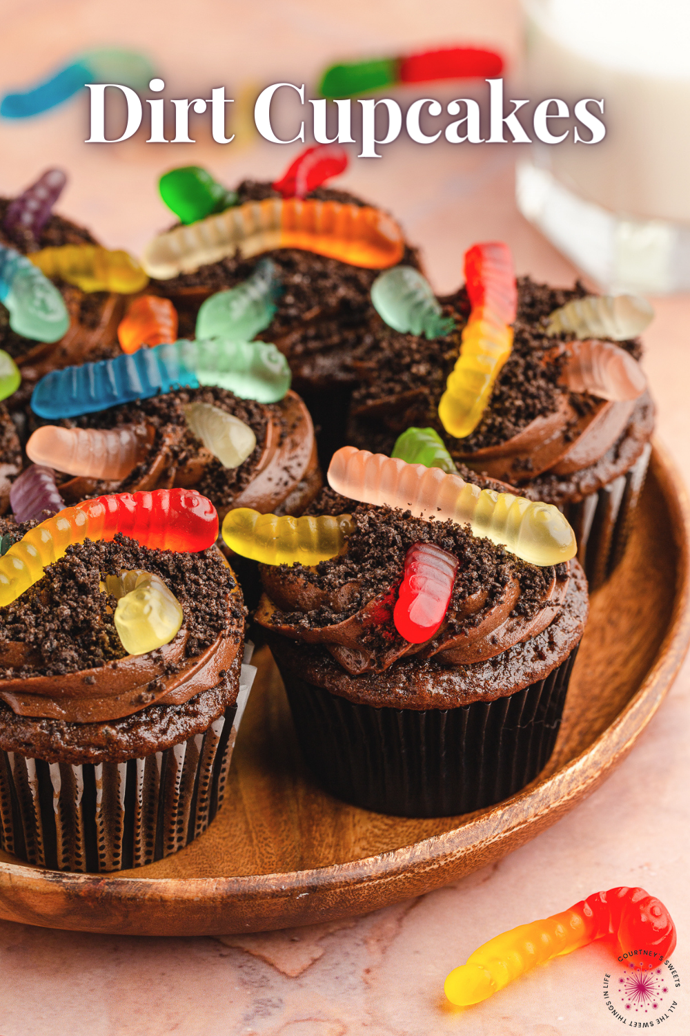 dirt cupcakes with gummy worms with title text on imgages for pinterest.