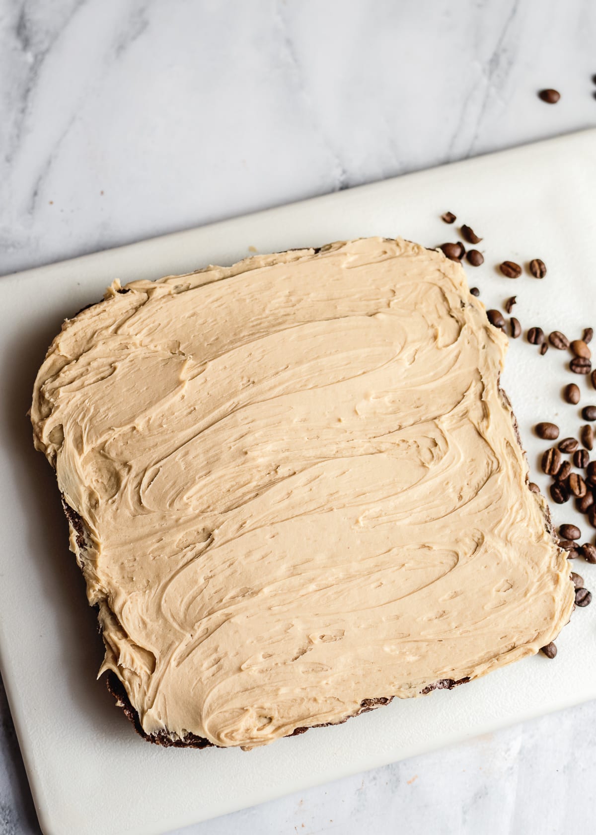 frosted coffee brownies before being sliced.