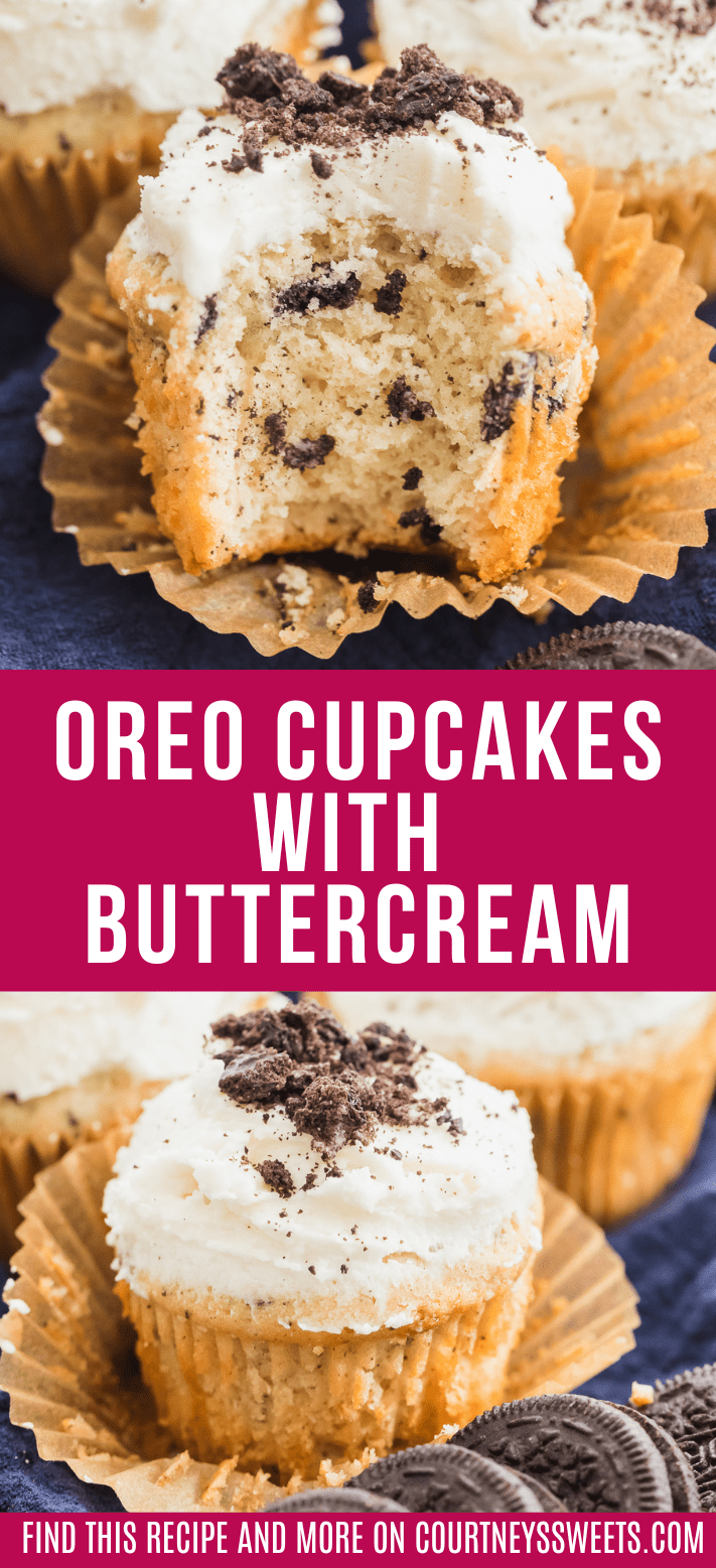 oreo cupcakes with vanilla buttercream with text on image for pinterest.