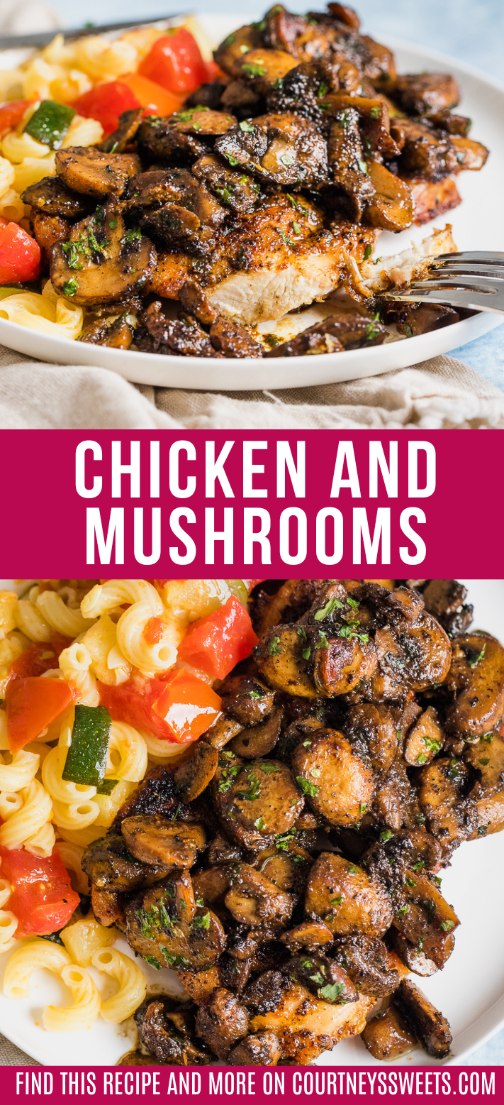chicken and mushrooms on a plate pinterest image with text