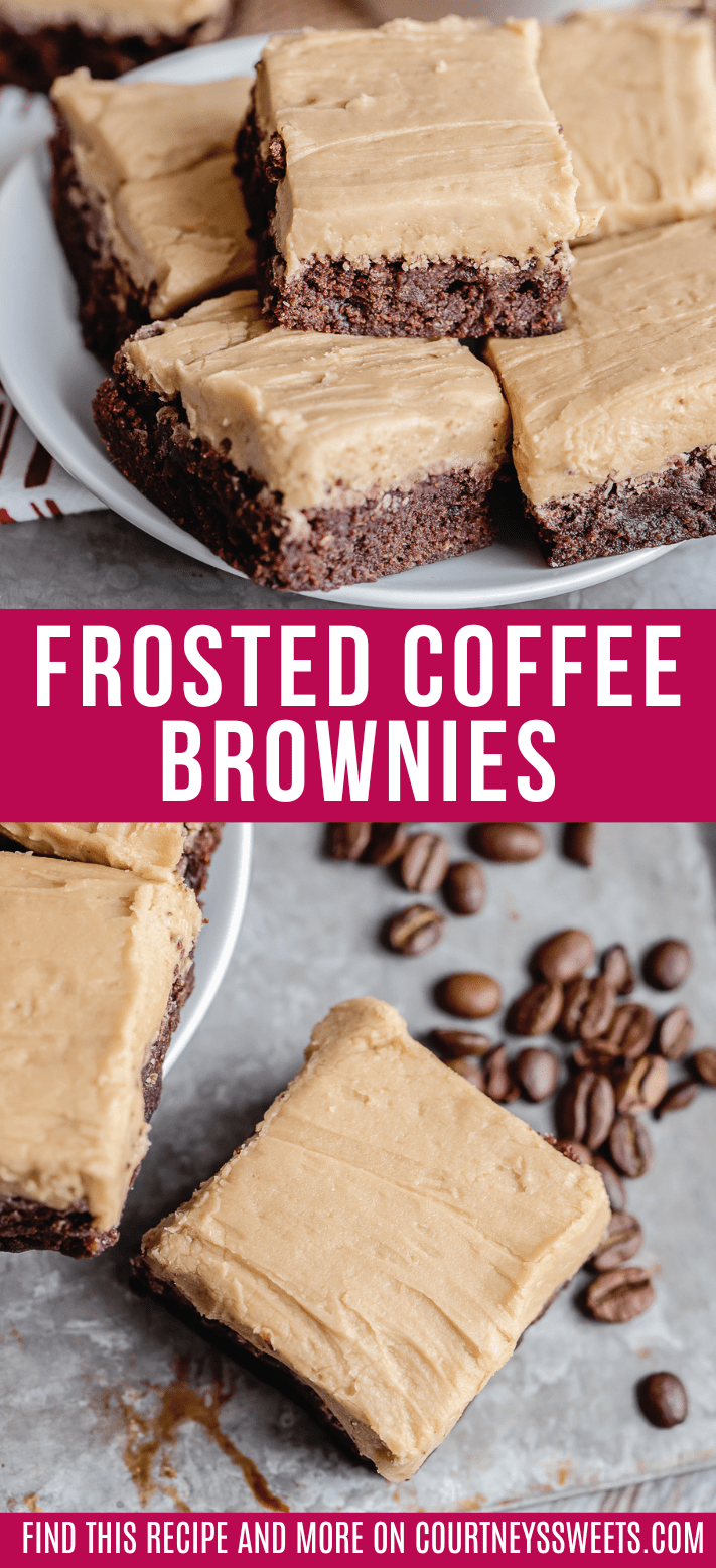 coffee frosted brownies on a white plate.