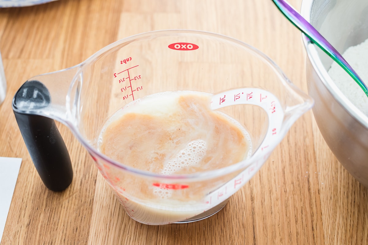 wet ingredients in a measuring cup.