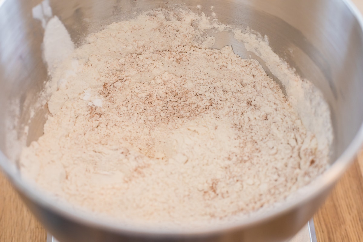 dry ingredients in a mixing bowl.