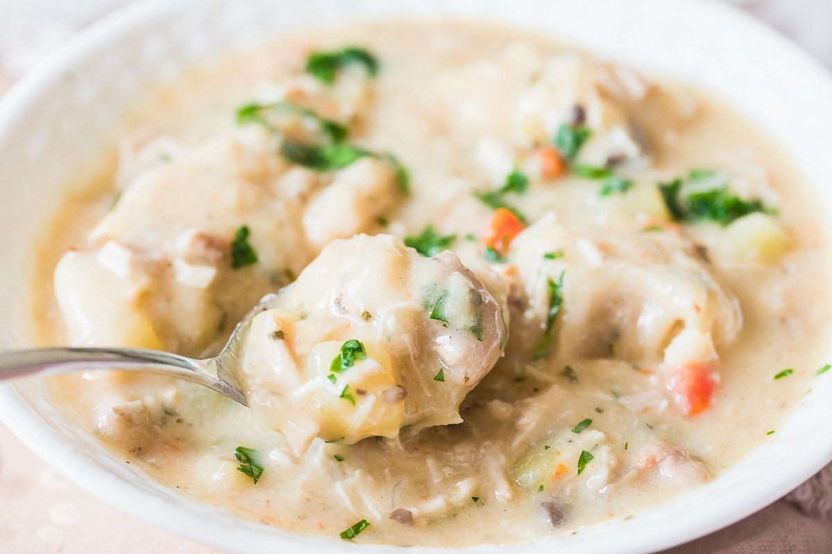 chicken and dumplings in a white bowl with a spoon grabbing a bite.