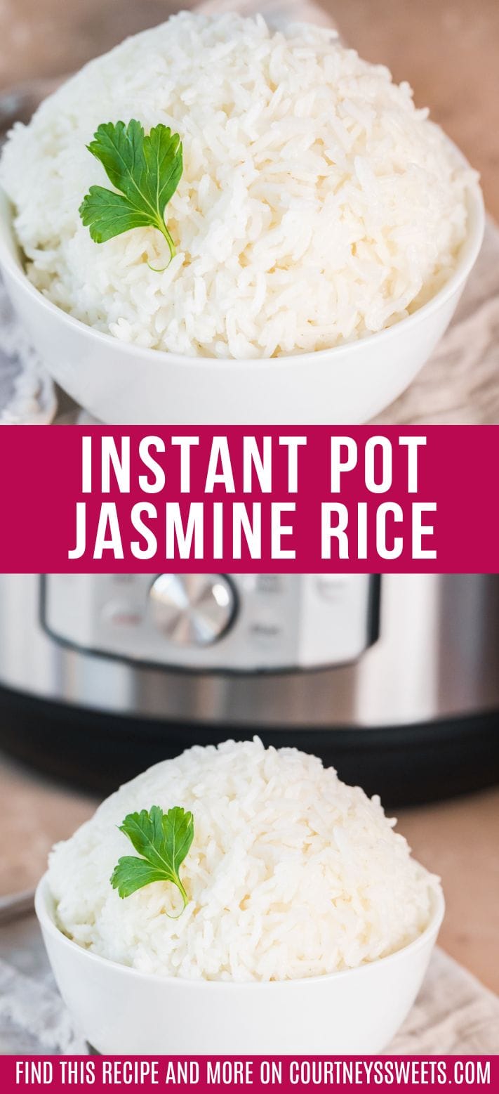 fresh cooked instant pot jasmine rice in a white bowl with a piece of parsley as garnish on a beige napkin in front of an instant pot split photo with text title in between for pinterest.
