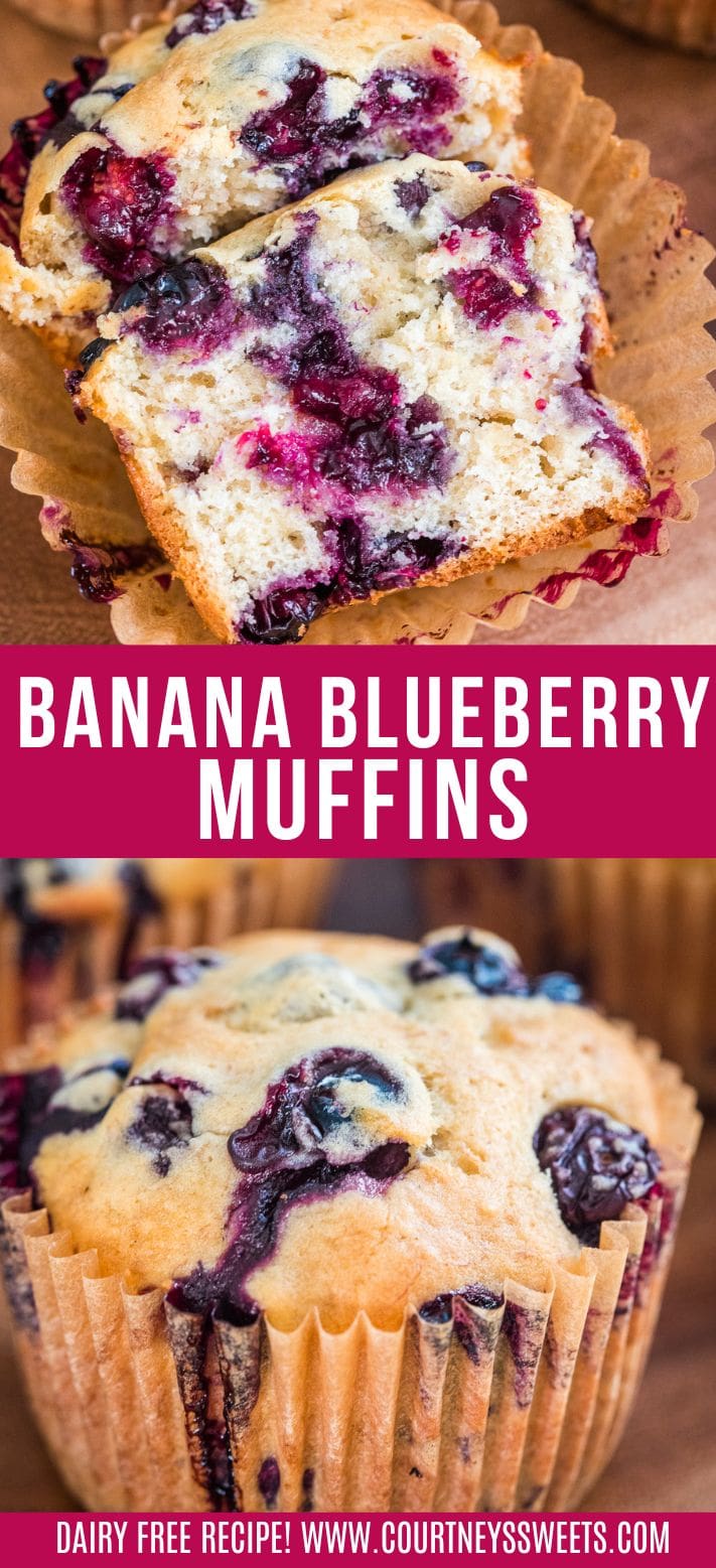 banana blueberry muffins with text title on image for pinterest.