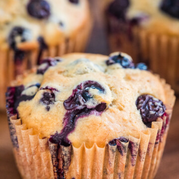 banana blueberry muffins close up.