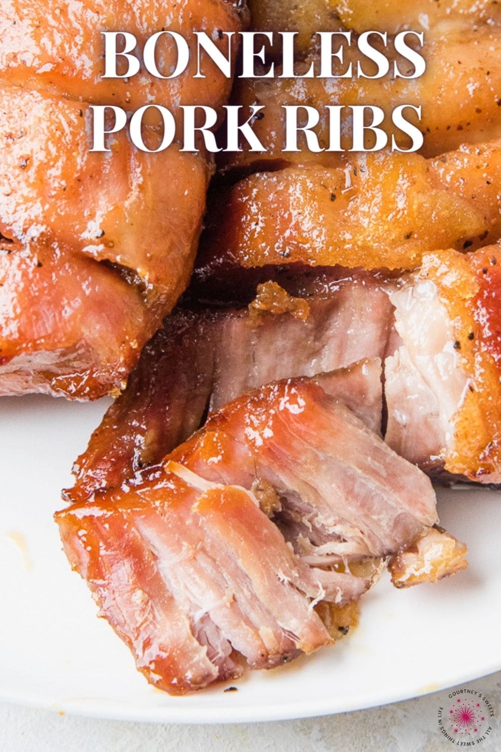 boneless pork ribs with text saying boneless pork ribs on image for pinterest.
