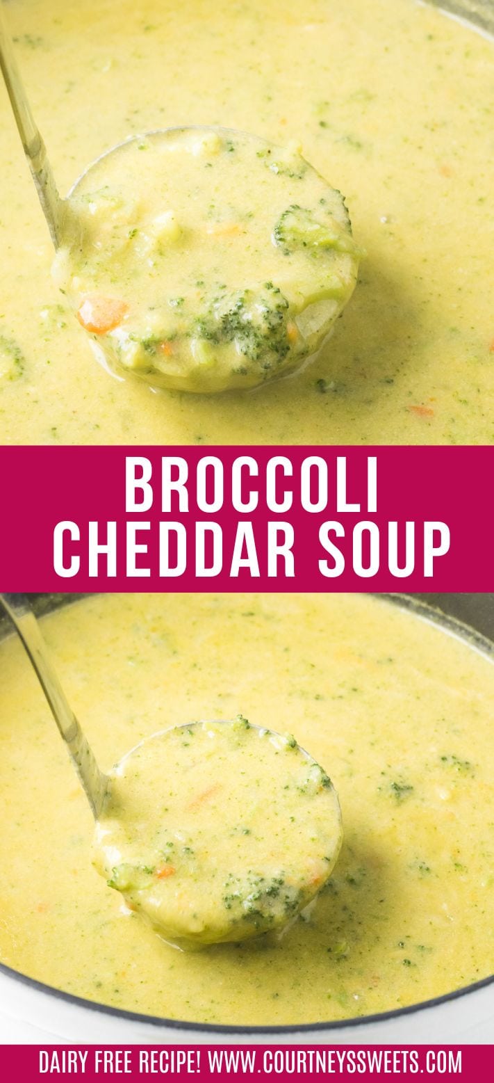 broccoli cheddar soup in a ladle over a dutch oven of soup with text on image saying broccoli cheddar soup.
