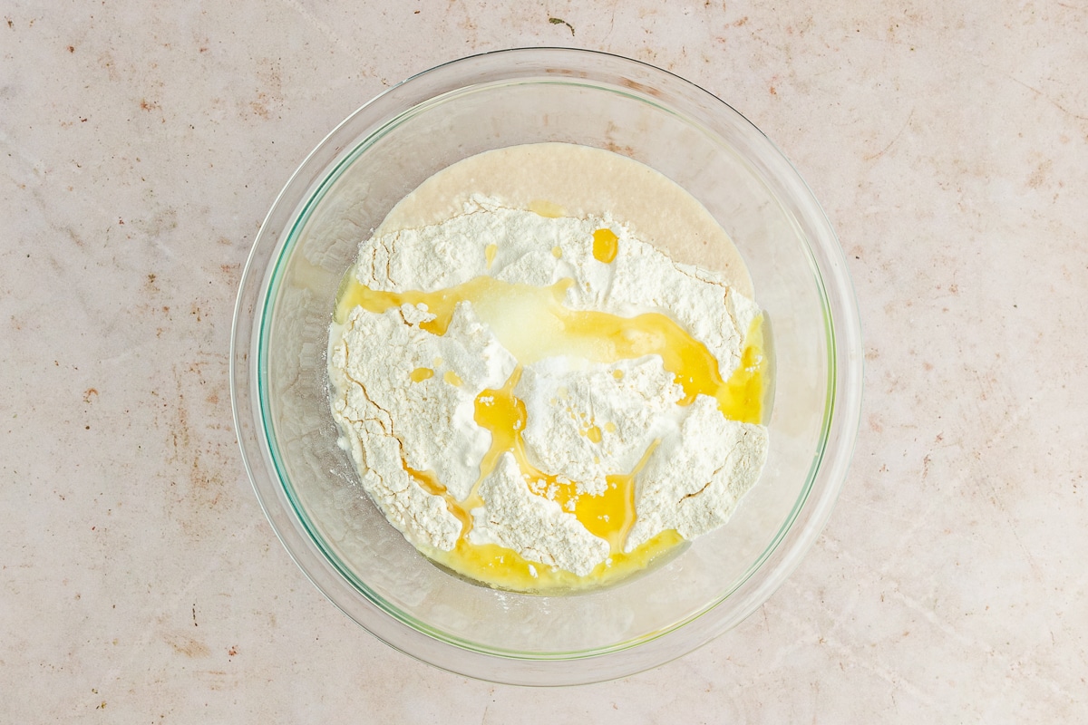 making dough in a glass bowl.