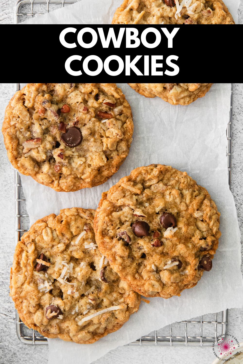 cowboy cookies with text on image saying the name of them for pinterest.