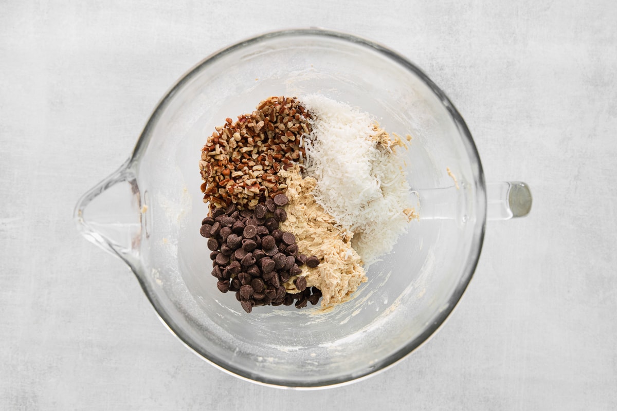 ingredients in a bowl for cowboy cookies.