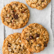 cowboy cookies layered on each other.
