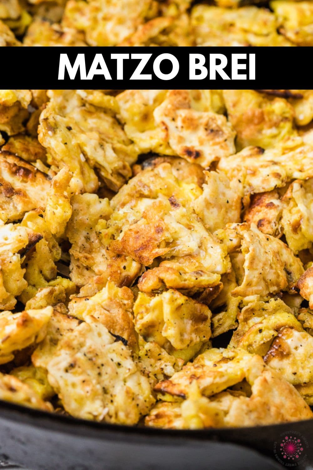 matzo brie in a skillet with text on image for pinterest.