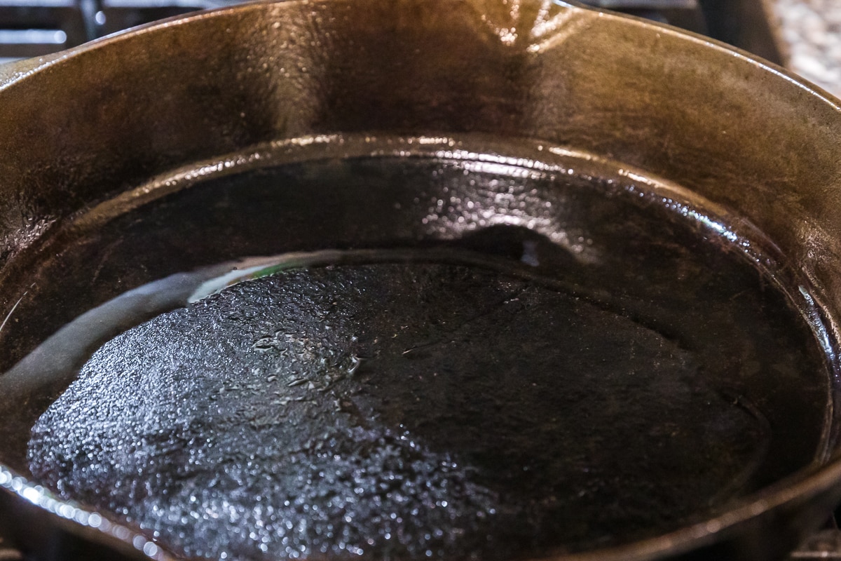 cast iron skillet with hot oil.