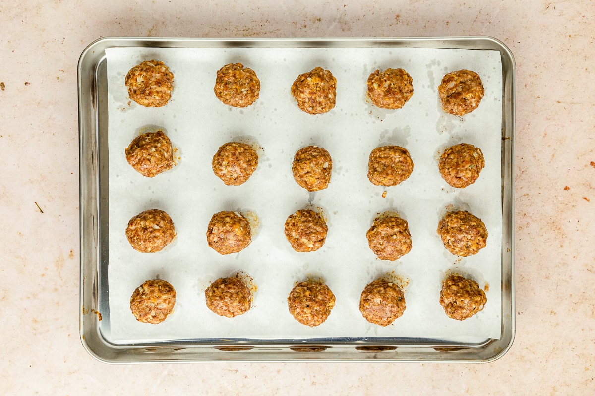 baked meatballs on a baking sheet.