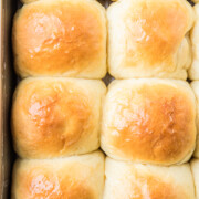 overhead photo of quick dinner rolls in a baking pan.