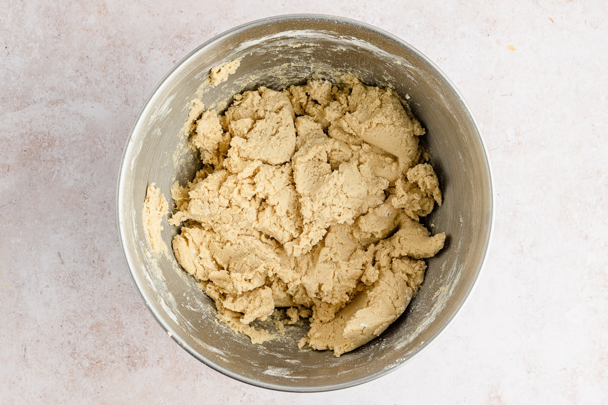 cookie dough mixture in a mixing bowl.
