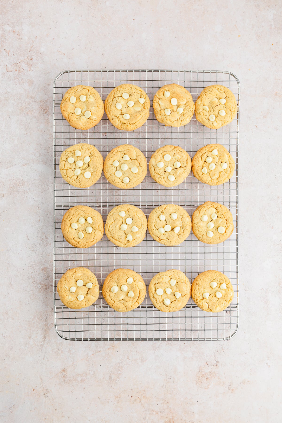 white chocolate chip cookies on a cooling rack.