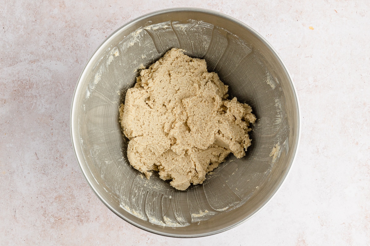 creamed butter and sugars in a bowl.