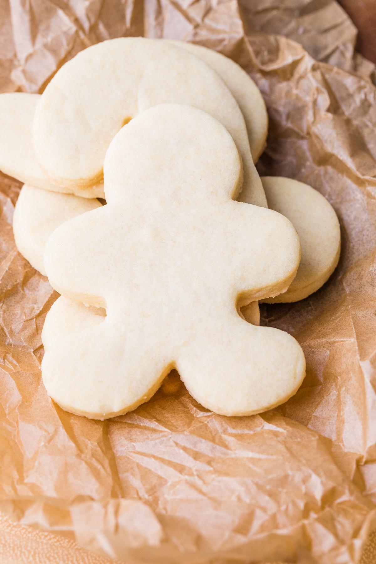 cut out sugar cookies on parchment paper.