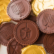 homemade Hanukkah gelt with dreidel menorah star of david.