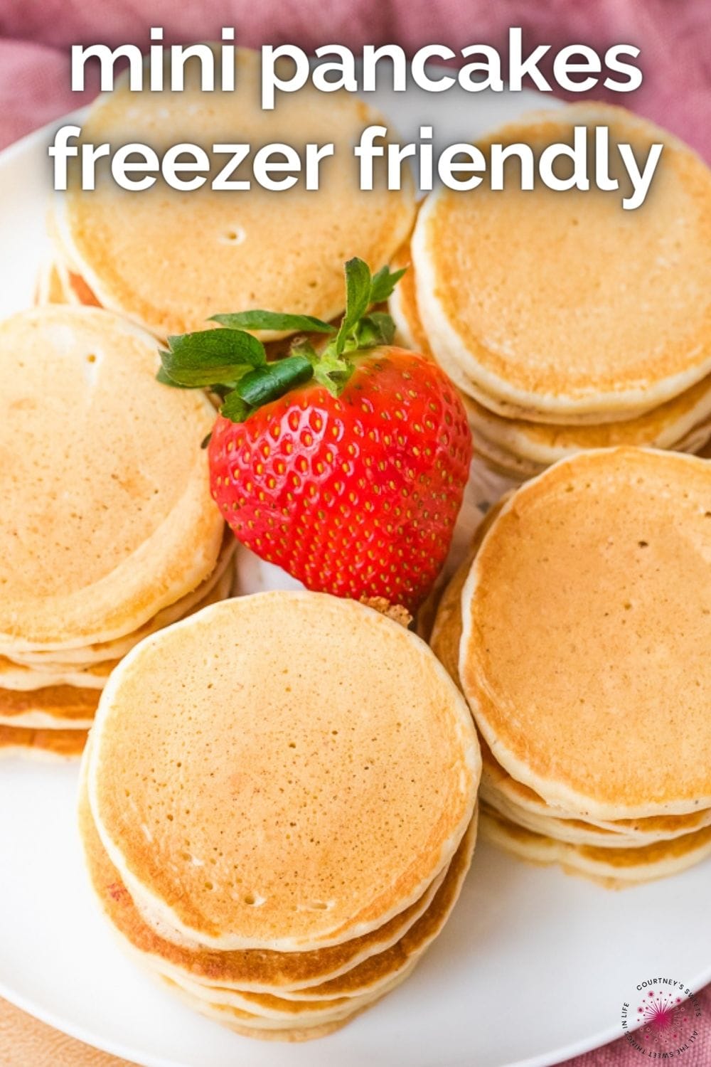 stacked mini pancakes with text on image saying mini pancakes.
