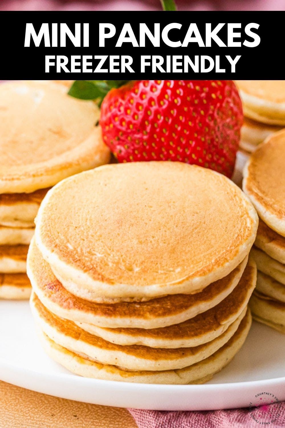 stacked mini pancakes with text on image saying mini pancakes.