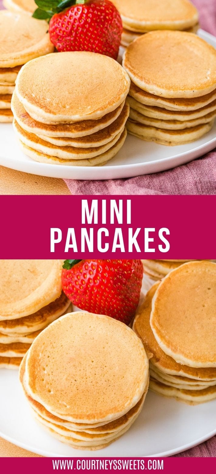 split photo of stacked mini pancakes with text on image saying mini pancakes.