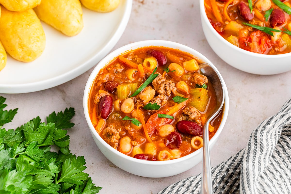 small bowl full of Pasta e Fagioli Soup.