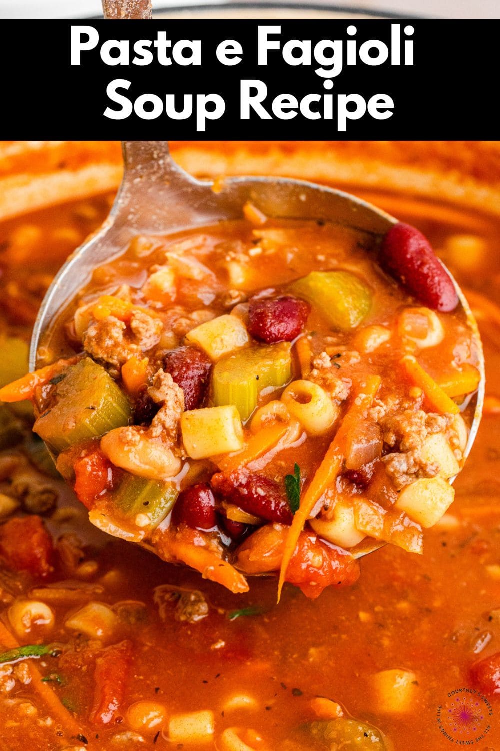 Pasta e Fagioli Soup in a ladle pinterest image with text.