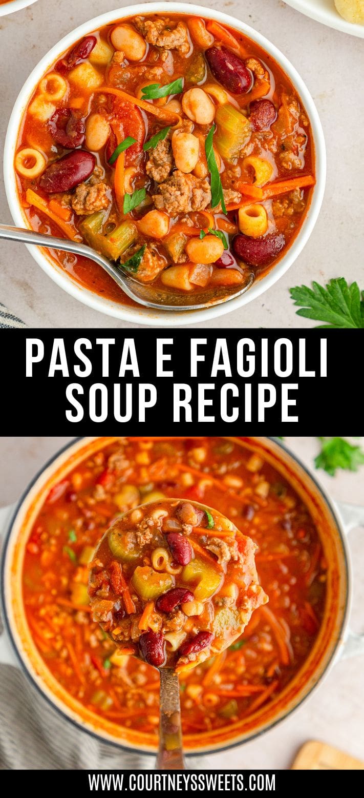 Pasta e Fagioli Soup in a white bowl pinterest image with text.