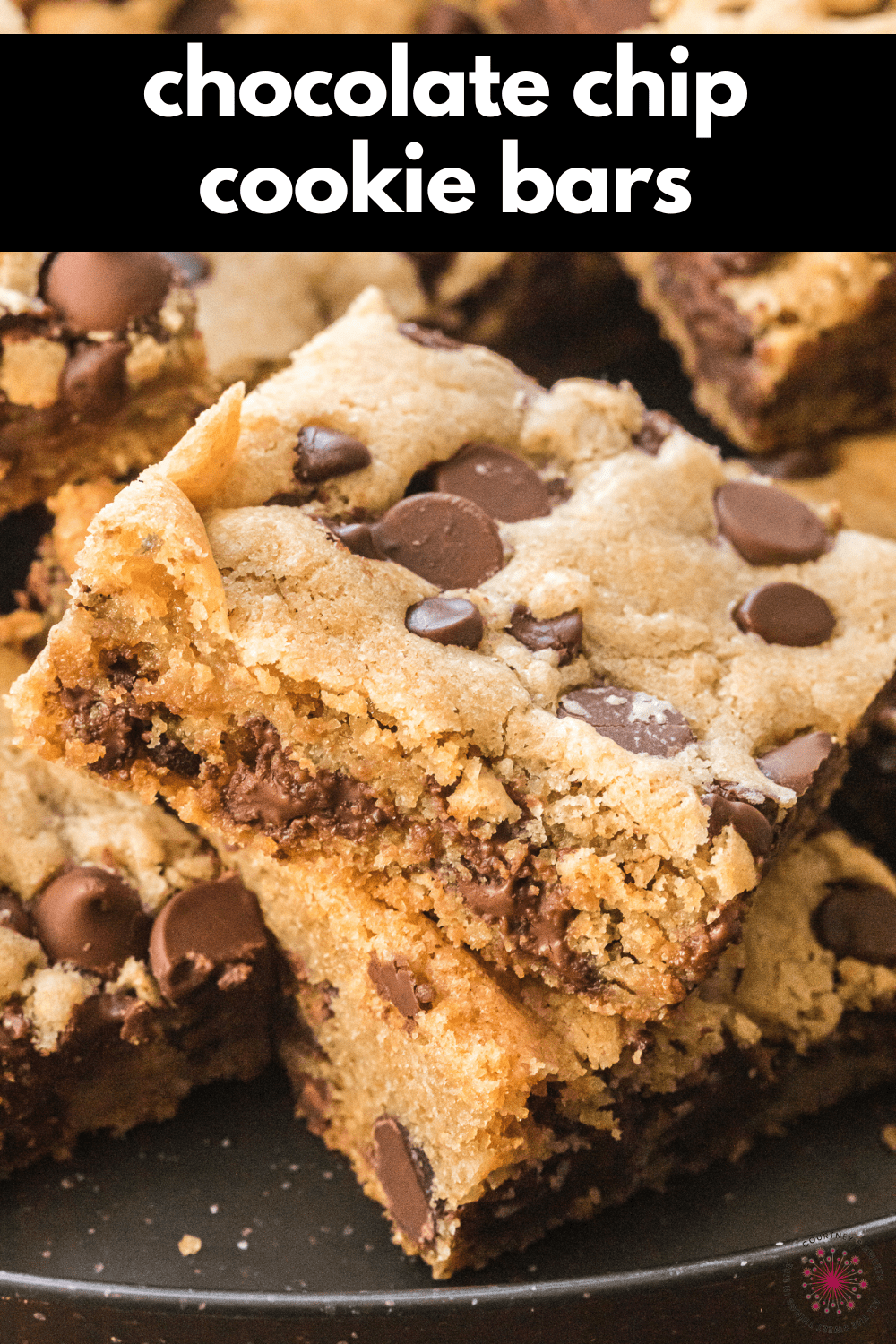 showing inside of chocolate chip cookie bar with text on image for pinterest.