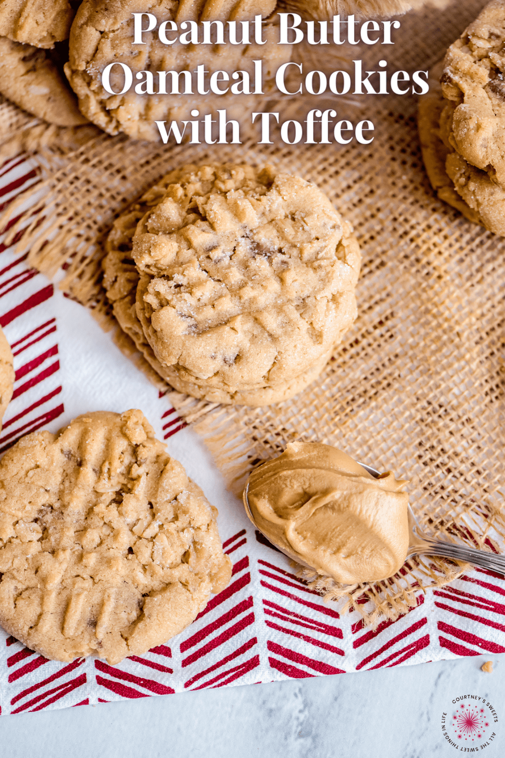 Peanut butter oatmea cookies on a piece of burlap with text on image for pinterest.