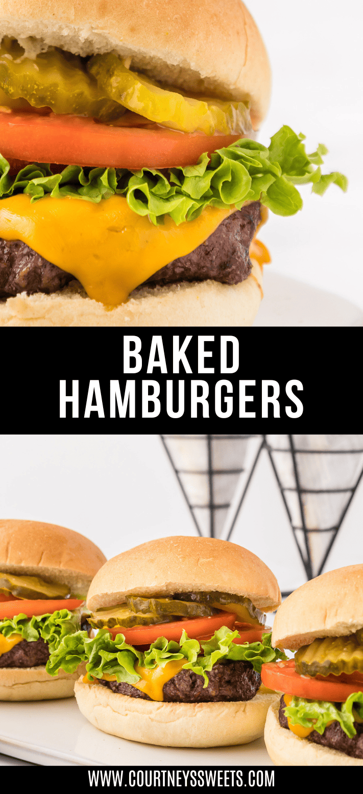 burgers topped with toppings in two collage photos and in between text saying baked hamburgers.