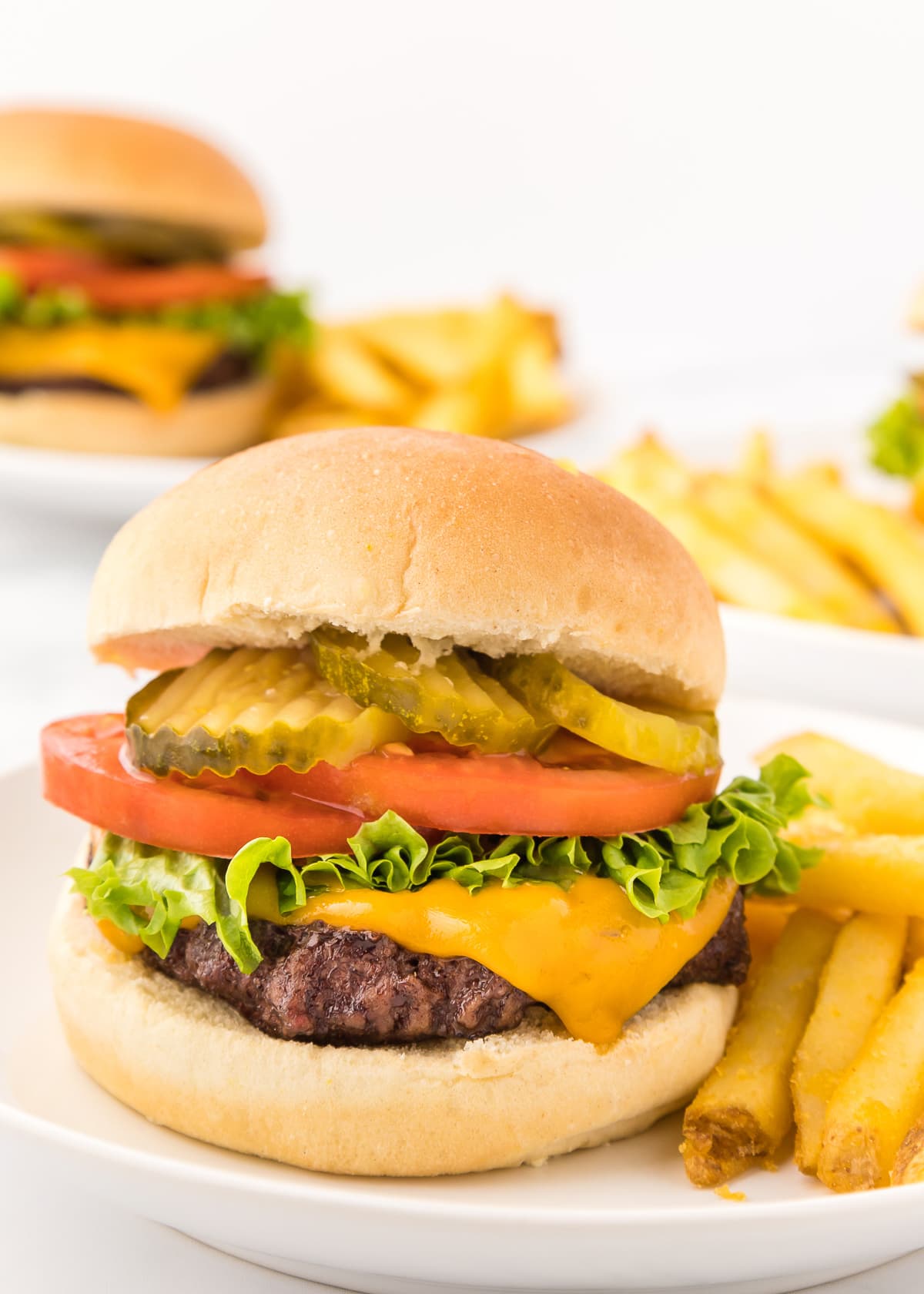 plated hamburger with cheese, toppings, and a side of fries.