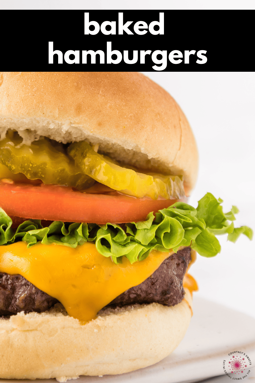 close up of a baked hamburger with toppings and text on image saying baked hamburgers