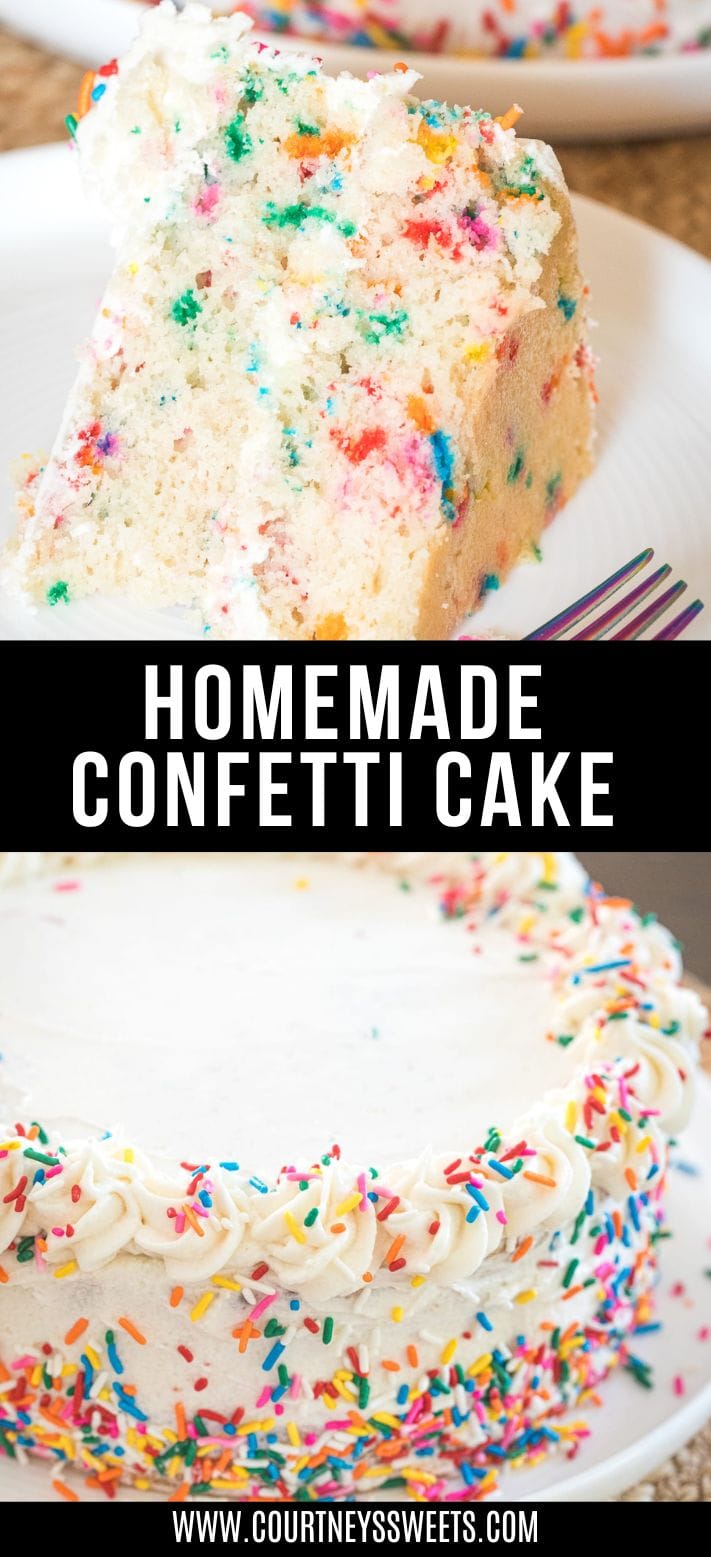 slice of confetti cake then text break saying homemade confetti cake and then a whole cake shown below.