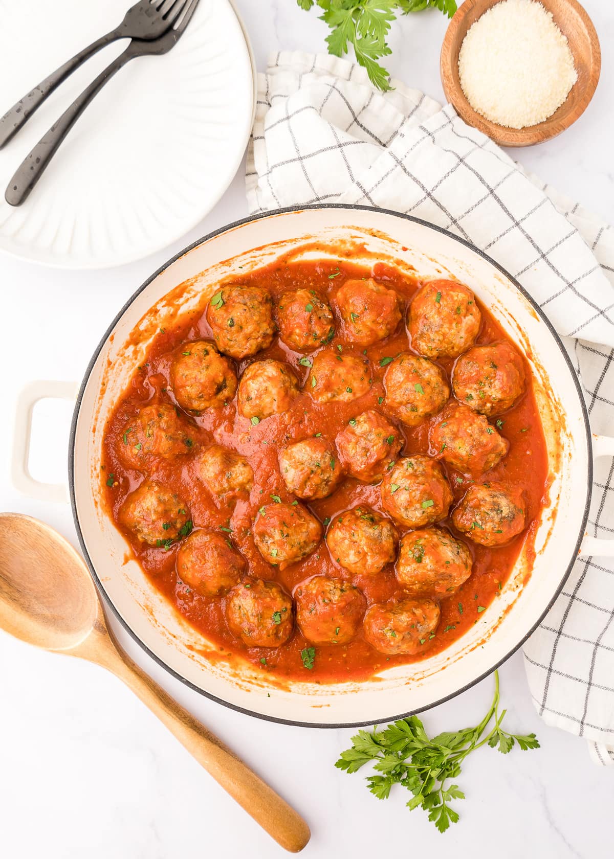 pan of sauced meatballs.