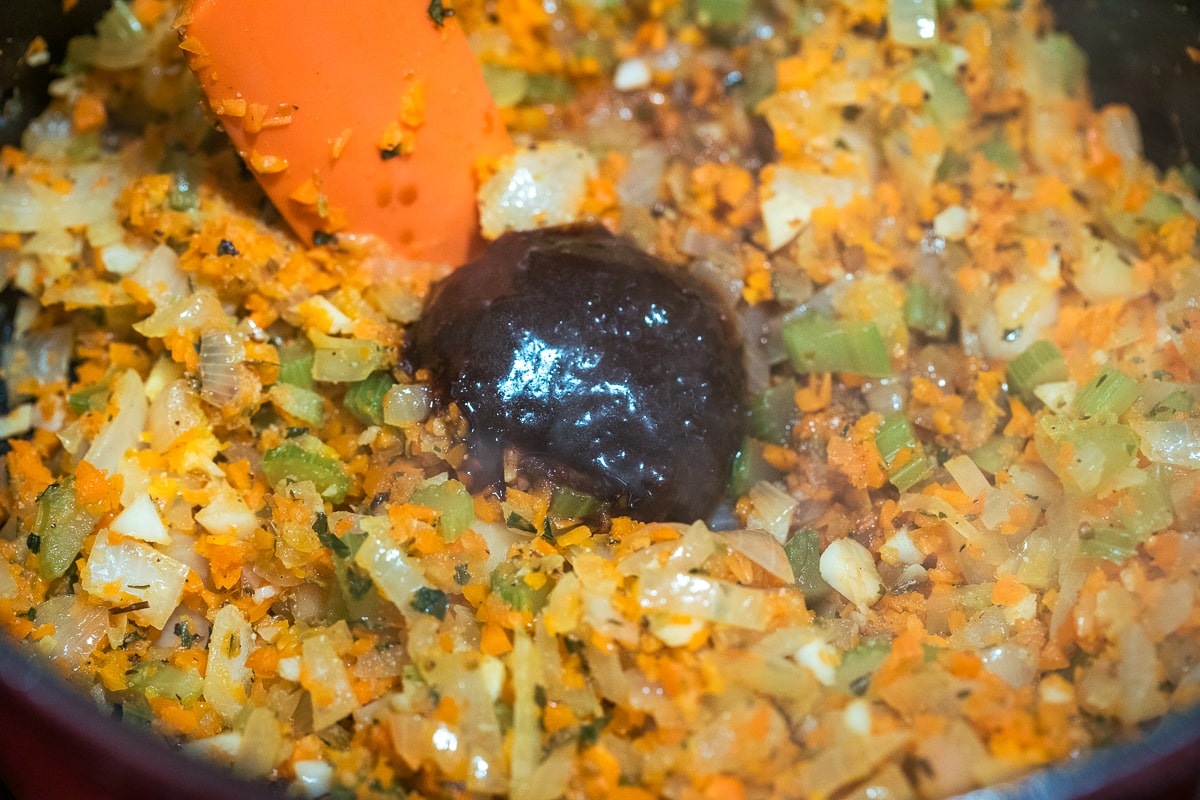 mirepoix in a dutch oven with beef better than bouillon.