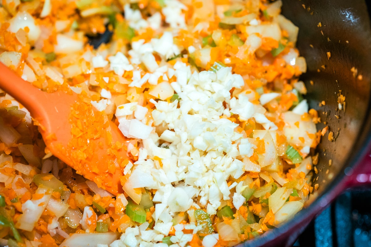 mirepoix in a dutch oven.