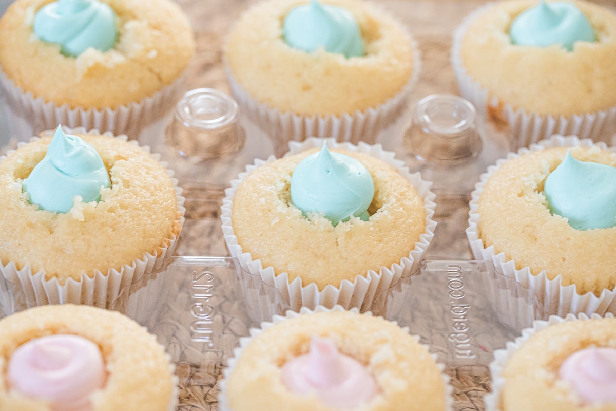 gender reveal cupcakes with pink and blue frosting inside the cupcakes waiting to be frosted.