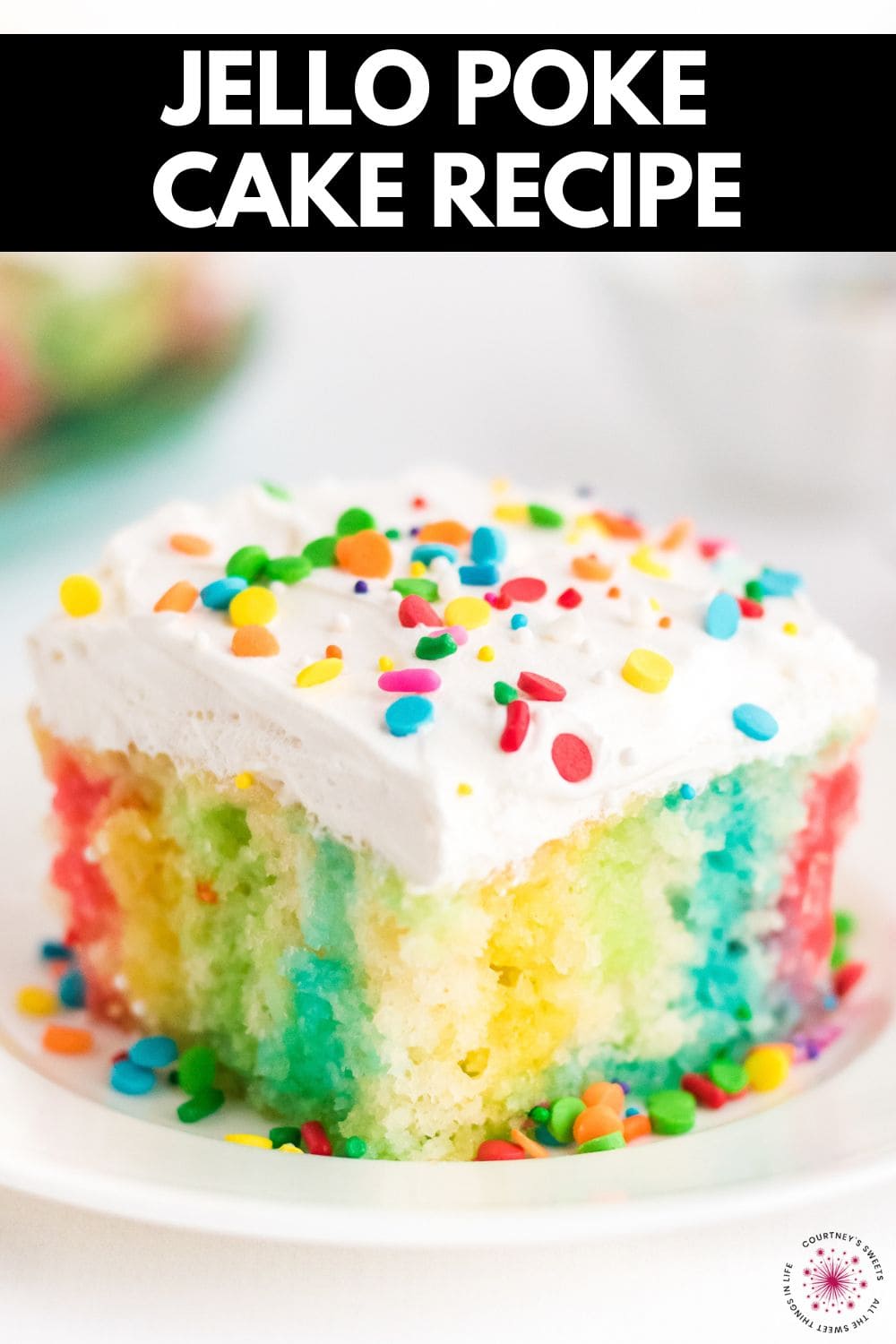 jello poke cake on a white plate with text on image saying jello poke cake recipe for pinterest.