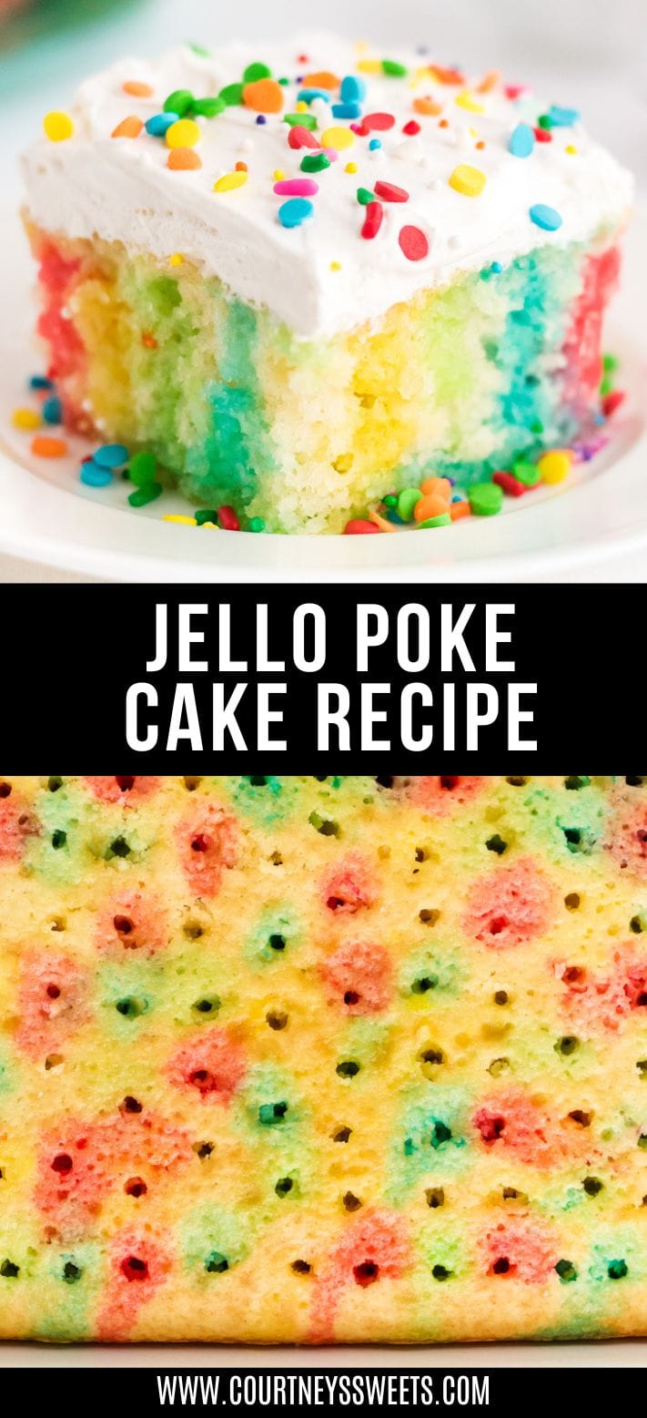 jello poke cake on a white plate with text on image saying jello poke cake recipe for pinterest.